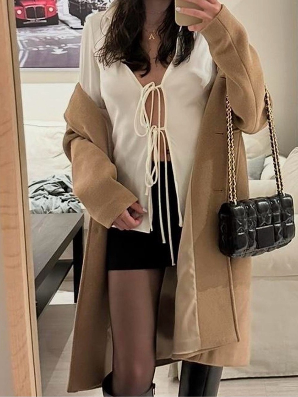 Zara White Satin Tie-Front Long Sleeve Blouse